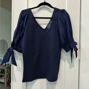 Maeve Navy Puff-Sleeve V-Neck Top